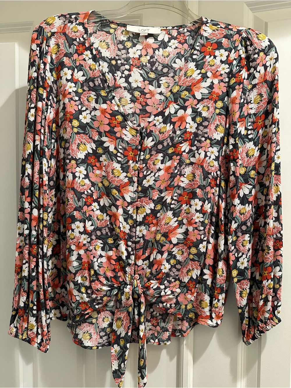 LOFT Black Floral Tie-Front Blouse with Pink & White Flowers NWOT
